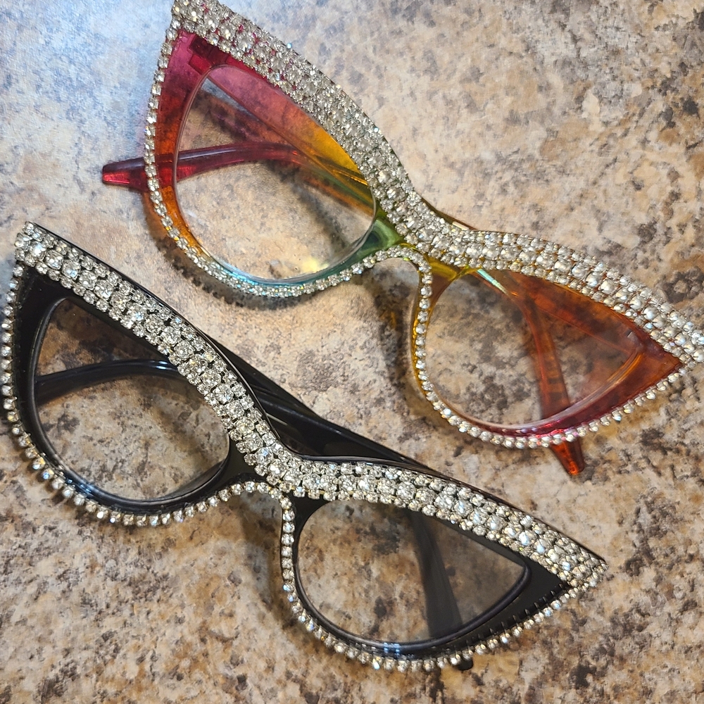 Rhinestone Cat-Eye Fashion Glasses - Black and Multicolor (Bundle)